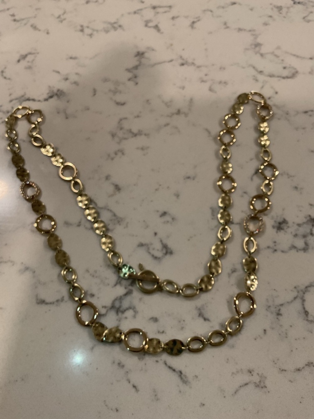 Premier Design Gold Tone Linked Circle Crystal Pave Hammered Discs Necklace